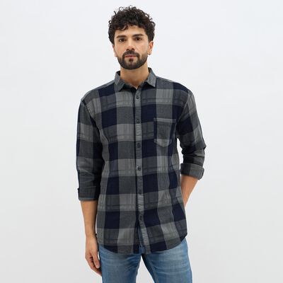 Men's Navy Blue and Grey Cotton Spread Collar Casual Shirt