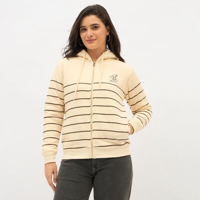 Women's Soft Beige Hooded Neck Casual Sweatshirt