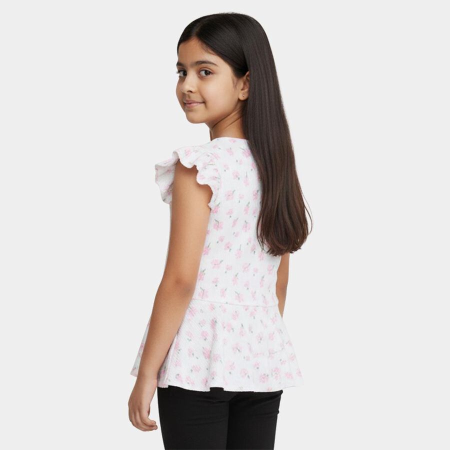 Girls' White Round Neck Casual Floral Printed T-Shirt, White, large