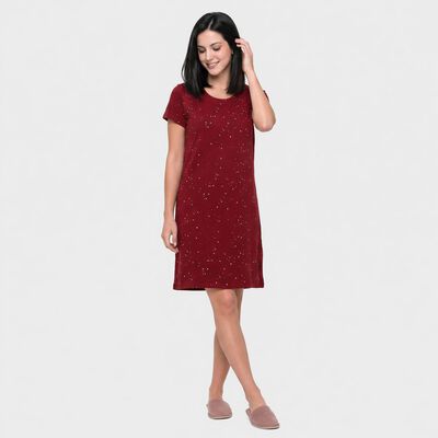 Women's Wine Cotton Round Neck T-Shirt Style Nighty