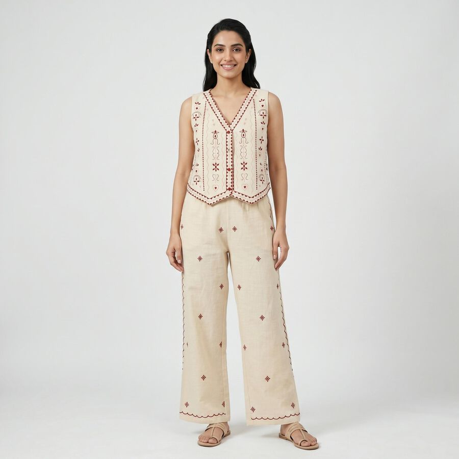Women's Beige Embroidered Co-ord Set, Beige, large