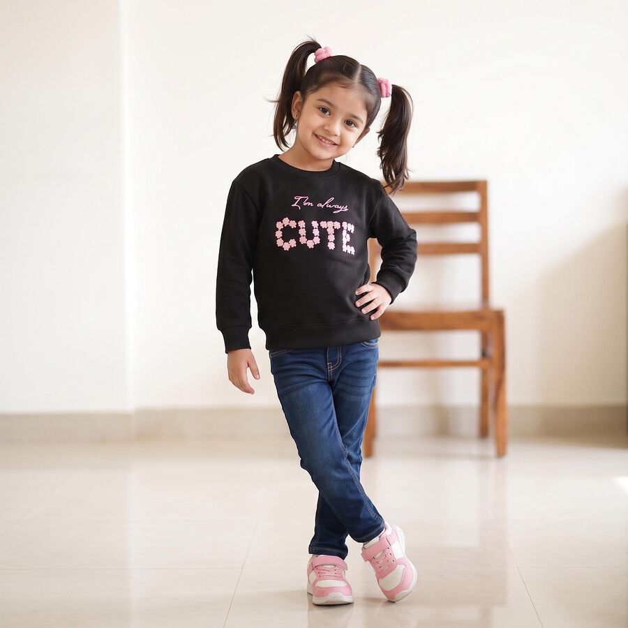 Girls Black Round Neck Graphic Pullover Sweatshirt, Black, large