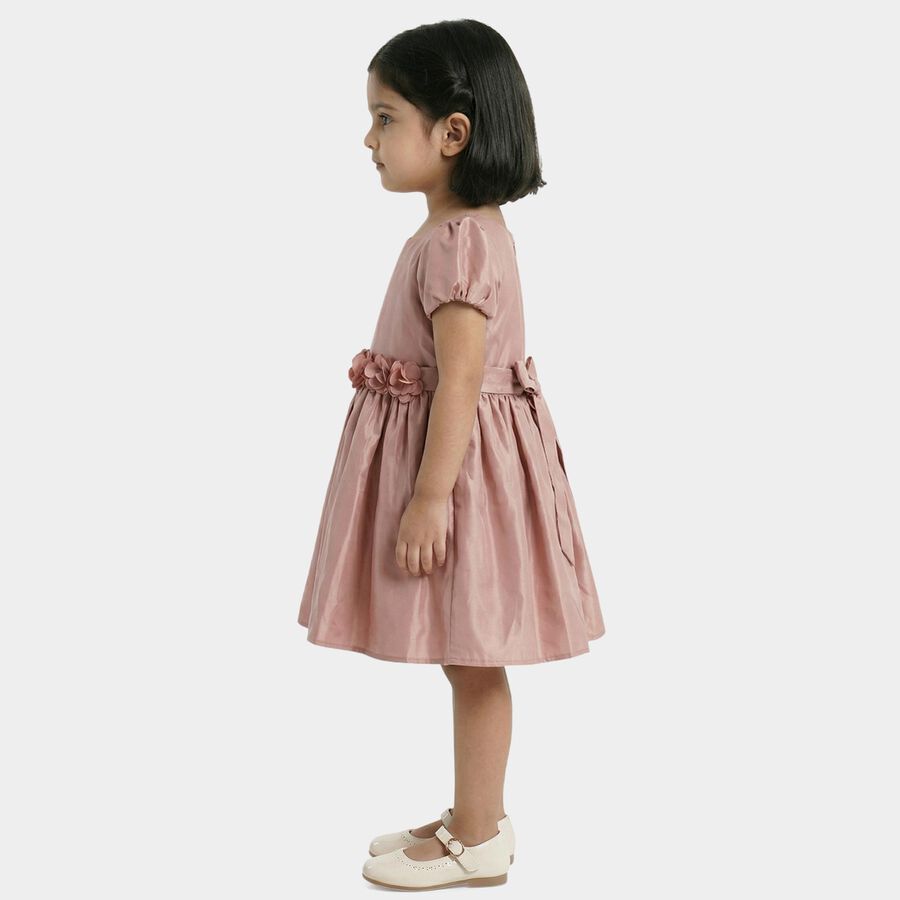Girls' Pink Puff Sleeve Floral Belt Party Frock, गुलाबी, large