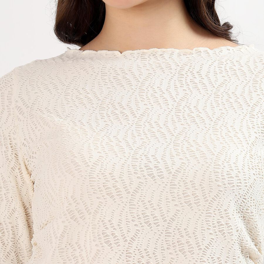 Women's Eggshell White Boat Neck Romantic Top, Off White, large