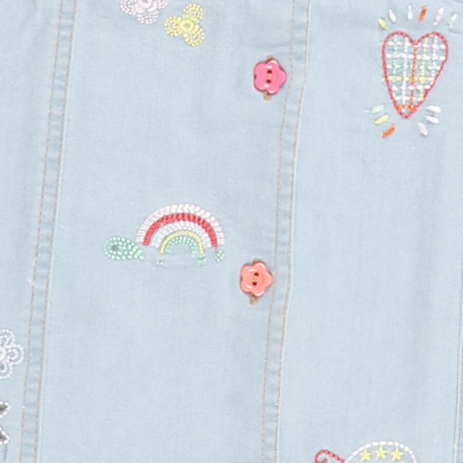 Girls' Light Sky Blue Embroidered Short Sleeve Denim Frock, Light Blue, large image number null