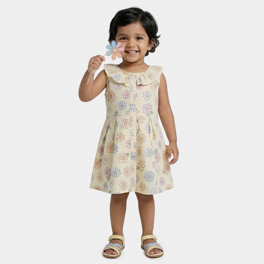 Girls' Yellow Floral Printed Sleeveless Frock, पीला, large