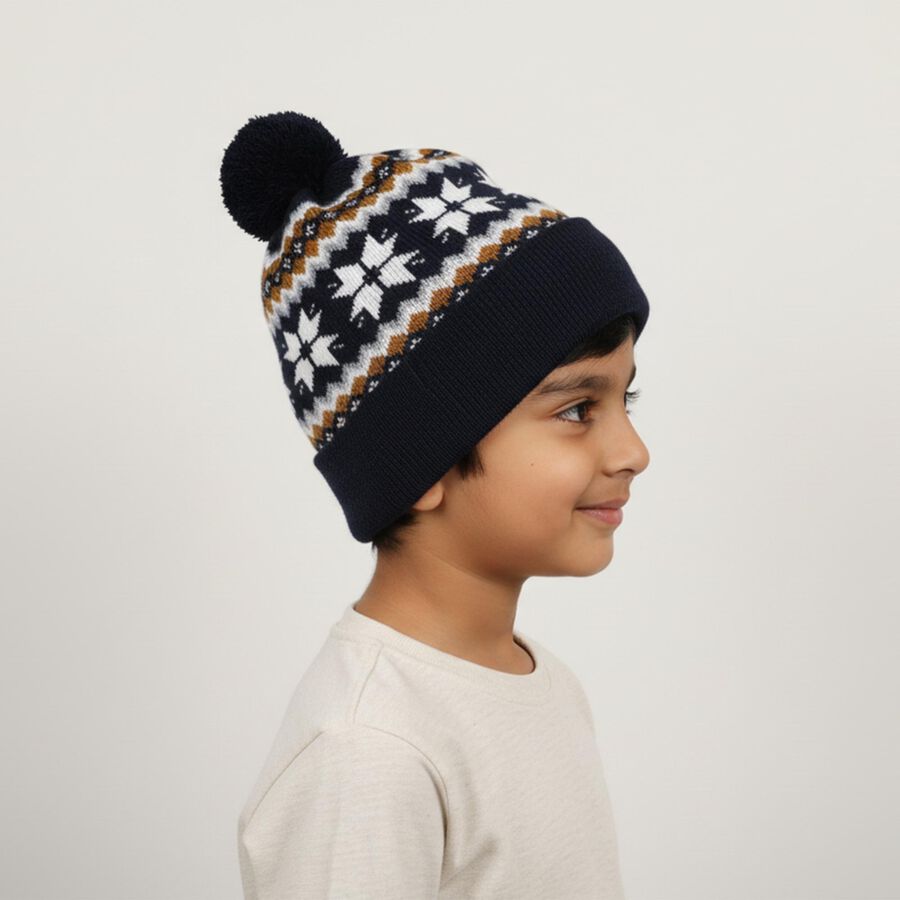 Boys' Dark Navy Blue Snowflake Pattern Pom-Pom Cap, Navy Blue, large image number null