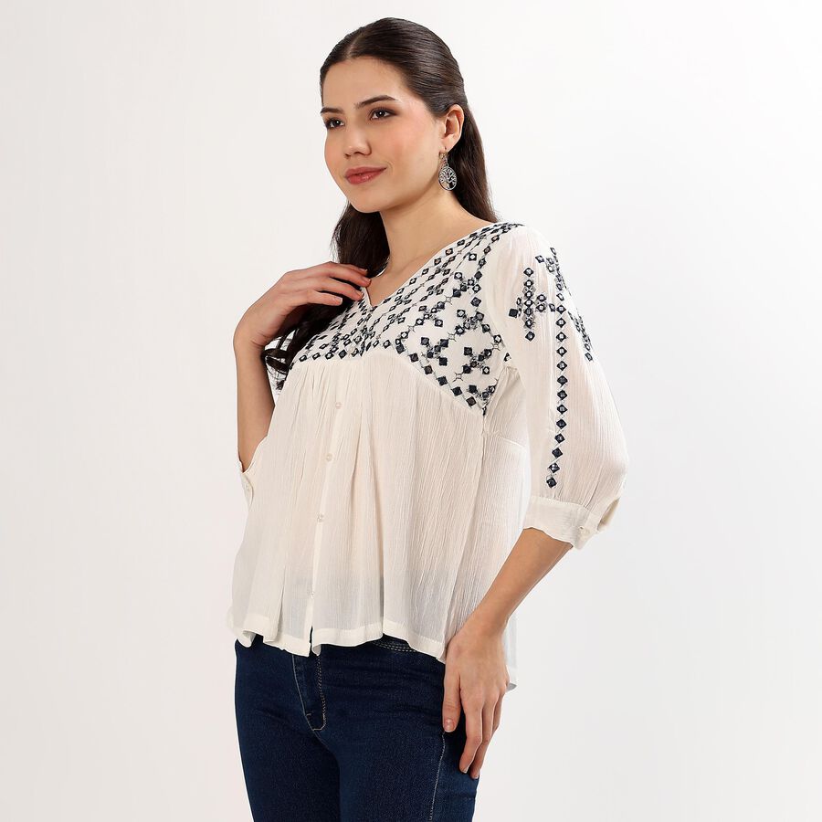 Women's White V-Neck Embroidered Kurti, White, large image number null