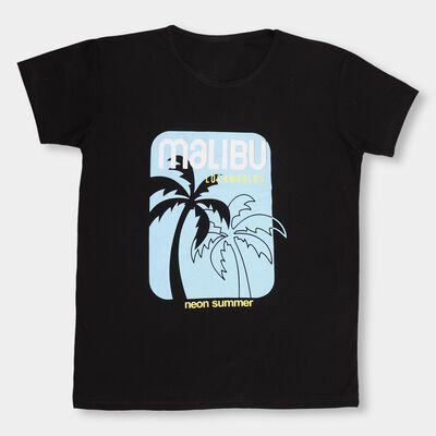 Girls' Jet Black Round Neck Casual T-Shirt