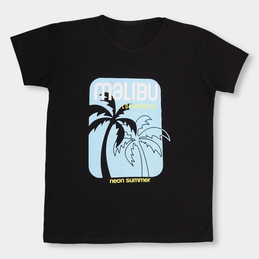 Girls' Jet Black Round Neck Casual T-Shirt, Black, large image number null