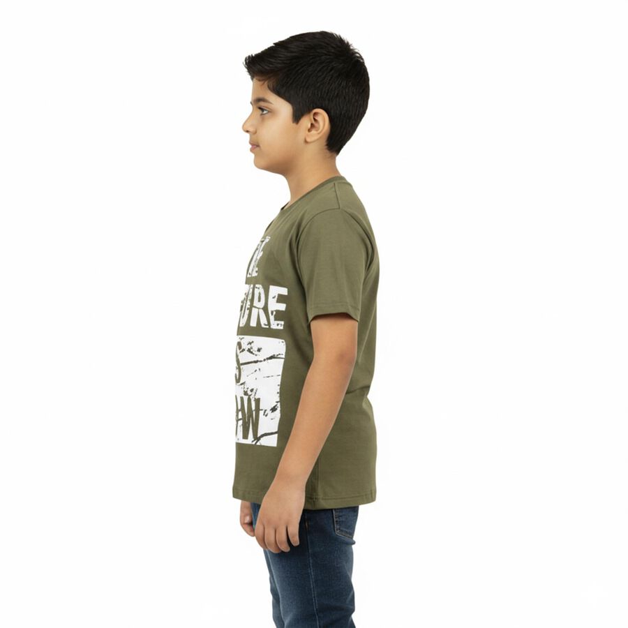 Boys Muted Olive Crew Neck Casual T-Shirt, ओलिव, large image number null