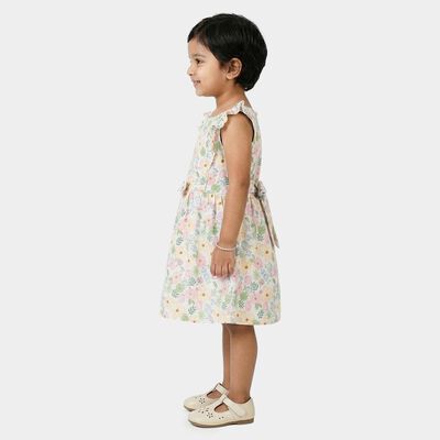Girls' White Floral Print Sleeveless Frock