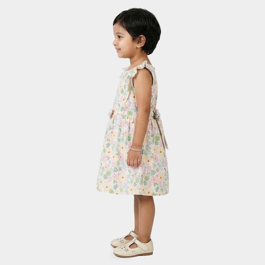 Girls' White Floral Print Sleeveless Frock, ऑफ व्हाइट, large