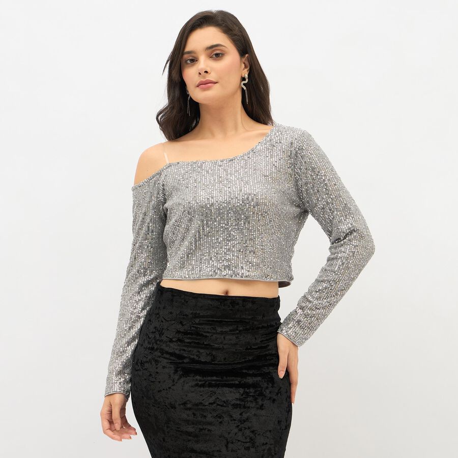 Women's Metallic Silver Asymmetric Party Wear Crop Top, Silver, large