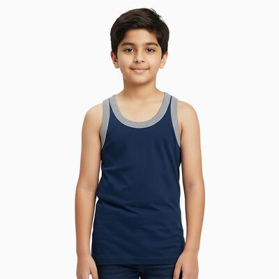 Boys Navy Blue Cotton Round Neck Sleeveless Vest