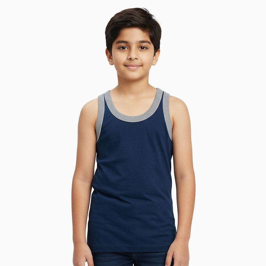 Boys Navy Blue Cotton Round Neck Sleeveless Vest, टील ब्लू, large image number null