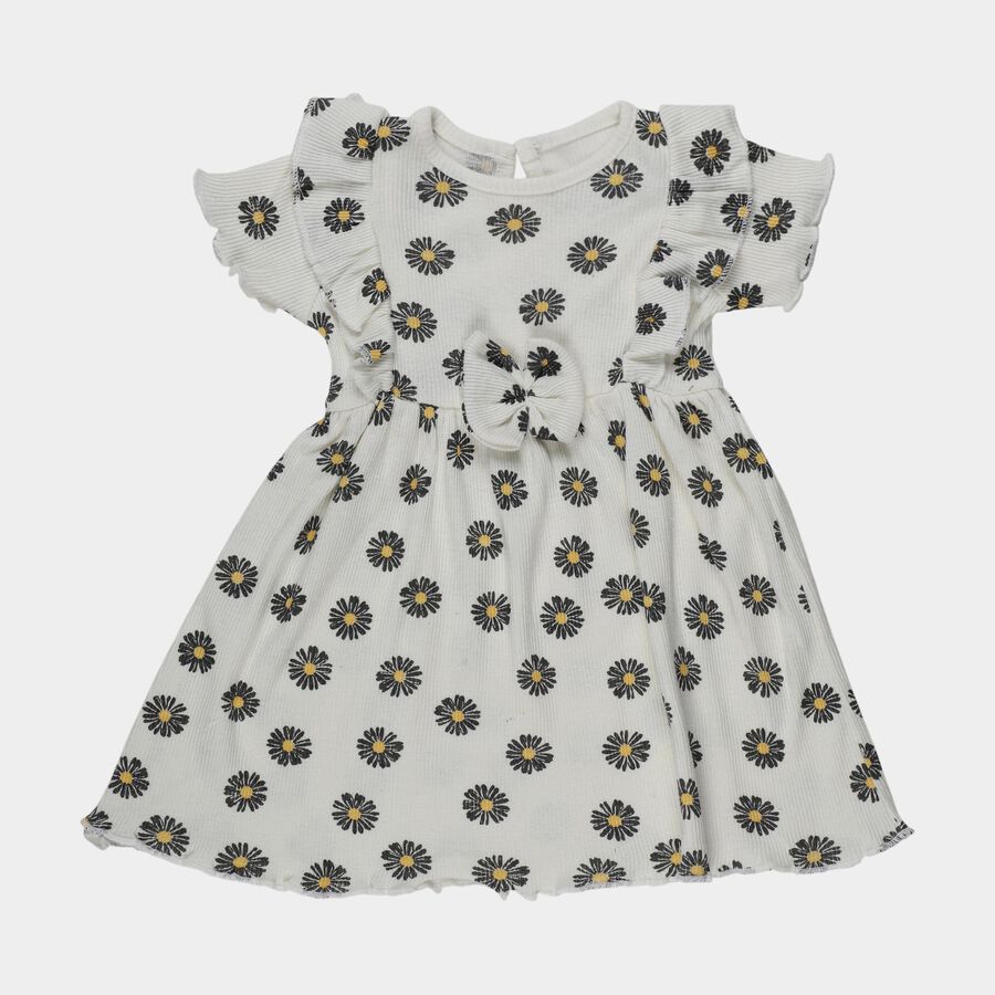 Infants' White Daisy Print Ruffle Sleeve Cotton Frock, Off White, large