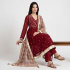 Women's Maroon V-Neck Embroidered Ethnic Set, Maroon, small