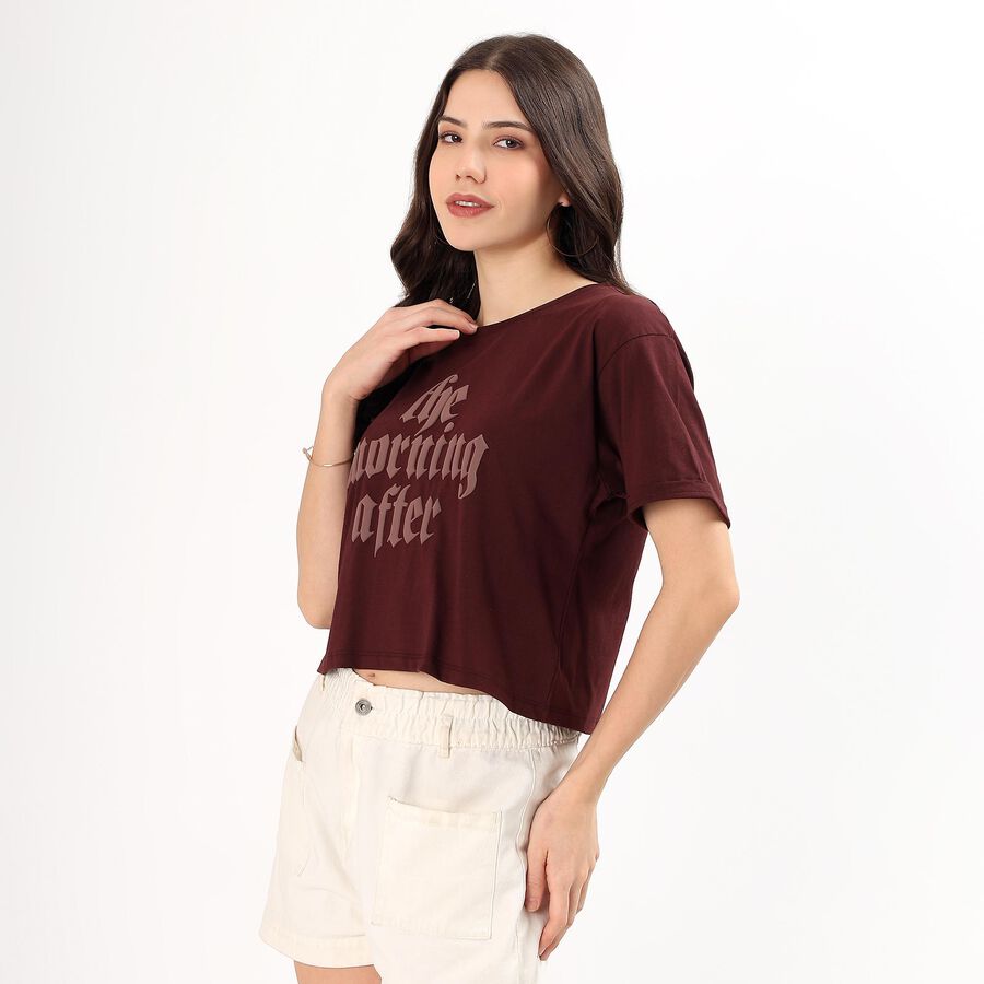 Women's Deep Maroon Cotton Round Neck Casual T-Shirt, भूरा, large