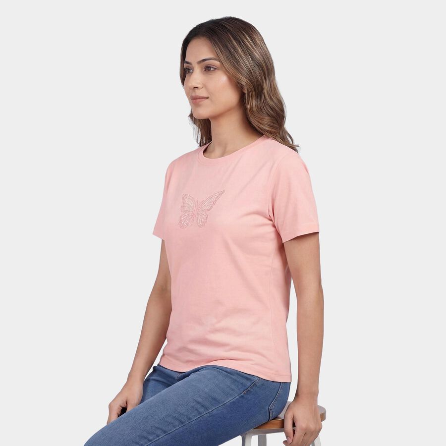 Women's Light Pink Round Neck Graphic Print T-Shirt, Light Pink, large
