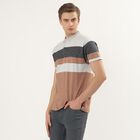 Men's Beige Cotton Polo Neck Striped T-Shirt, Beige, small