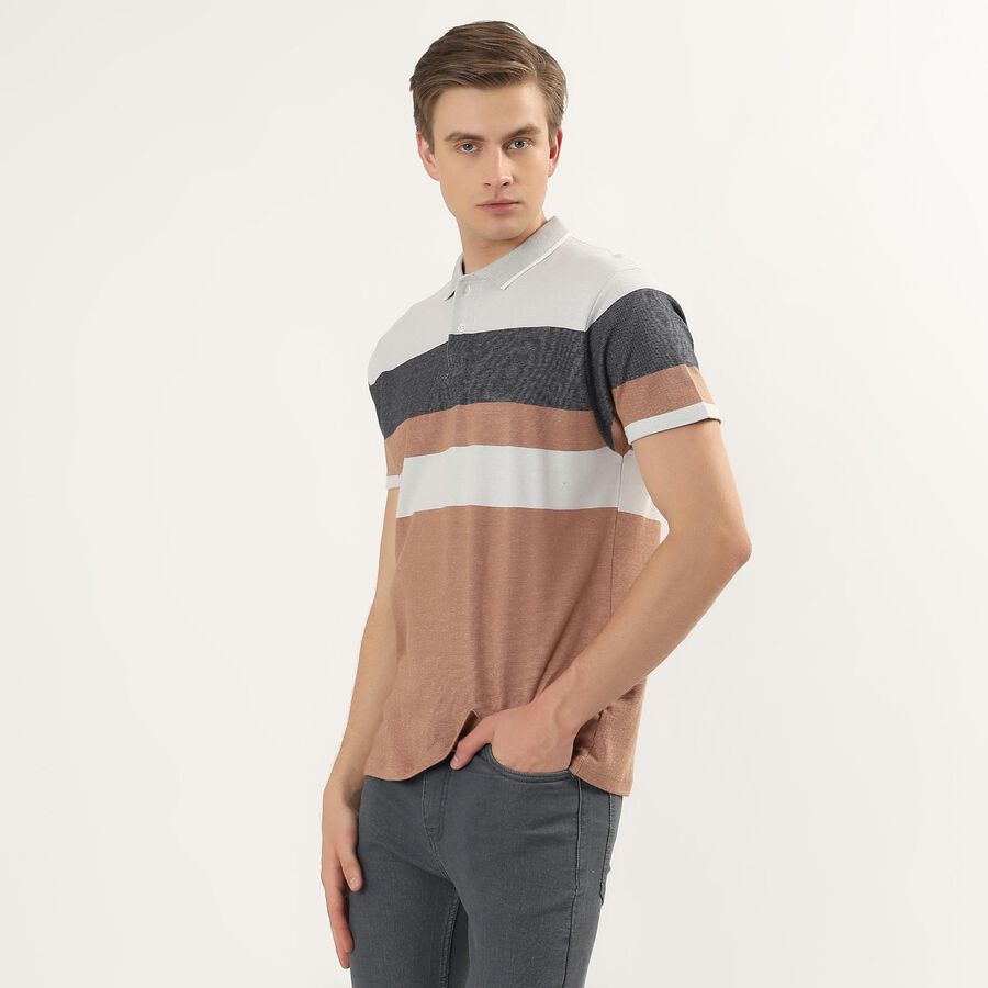 Men's Beige Cotton Polo Neck Striped T-Shirt, Beige, large