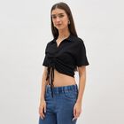 Women's Jet Black Cotton Collared Casual Crop Top, काला, small