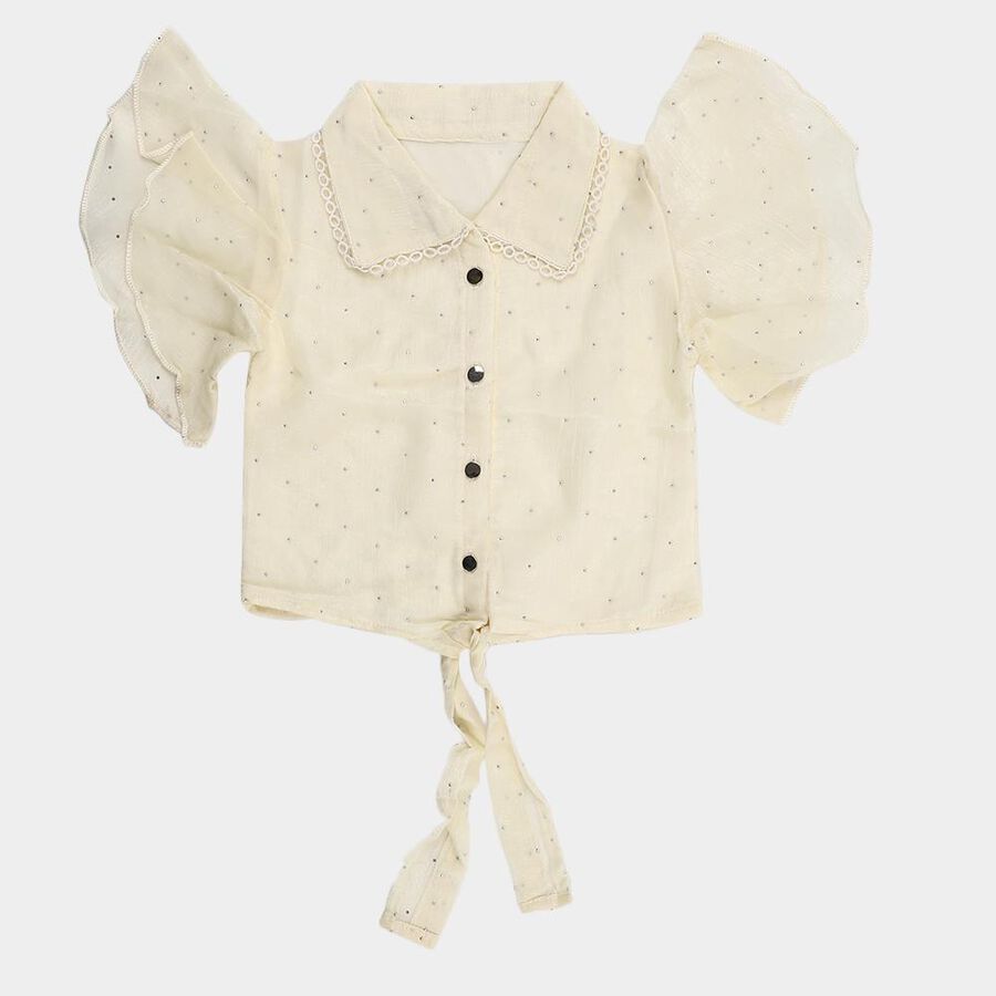 Girls Cream Collared Neck Casual T-Shirt, ऑफ व्हाइट, large