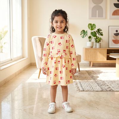 Girls' Cream Printed Fit and Flare Frock
