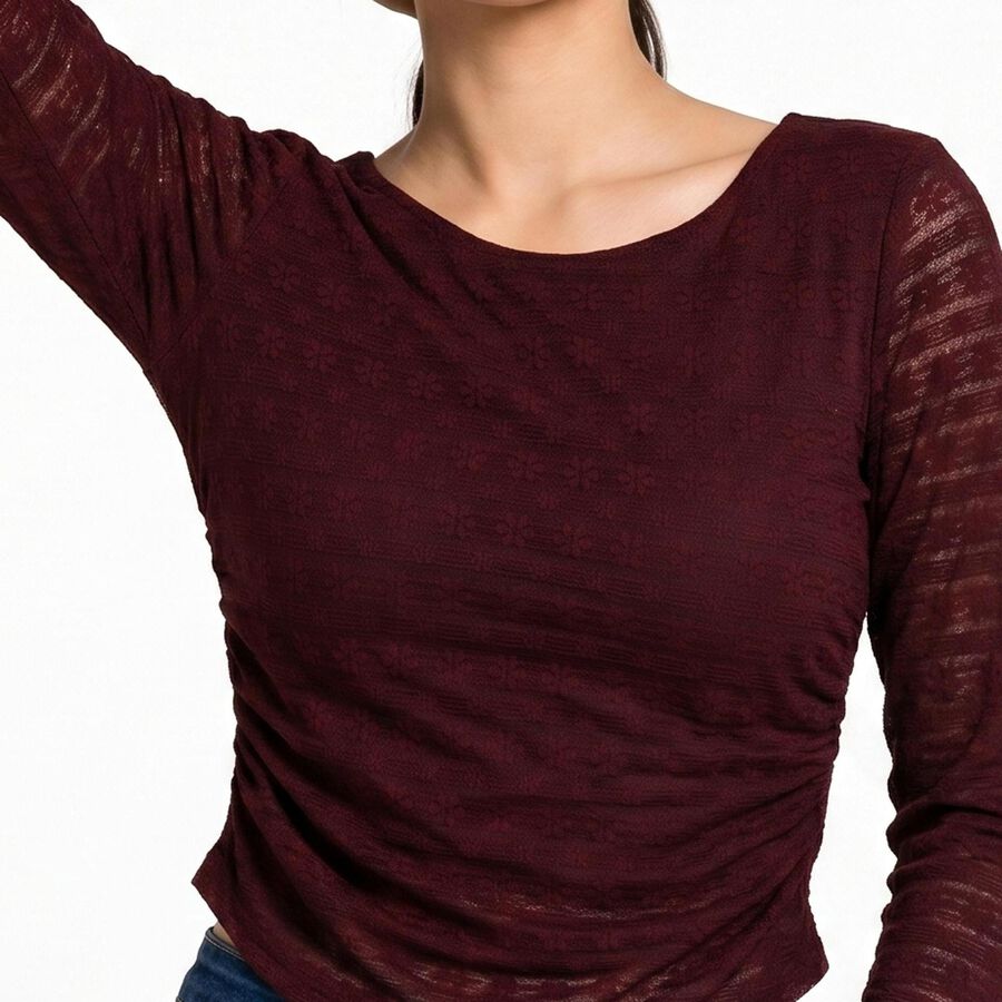 Women's Wine Round Neck Regular Top, वाइन, large