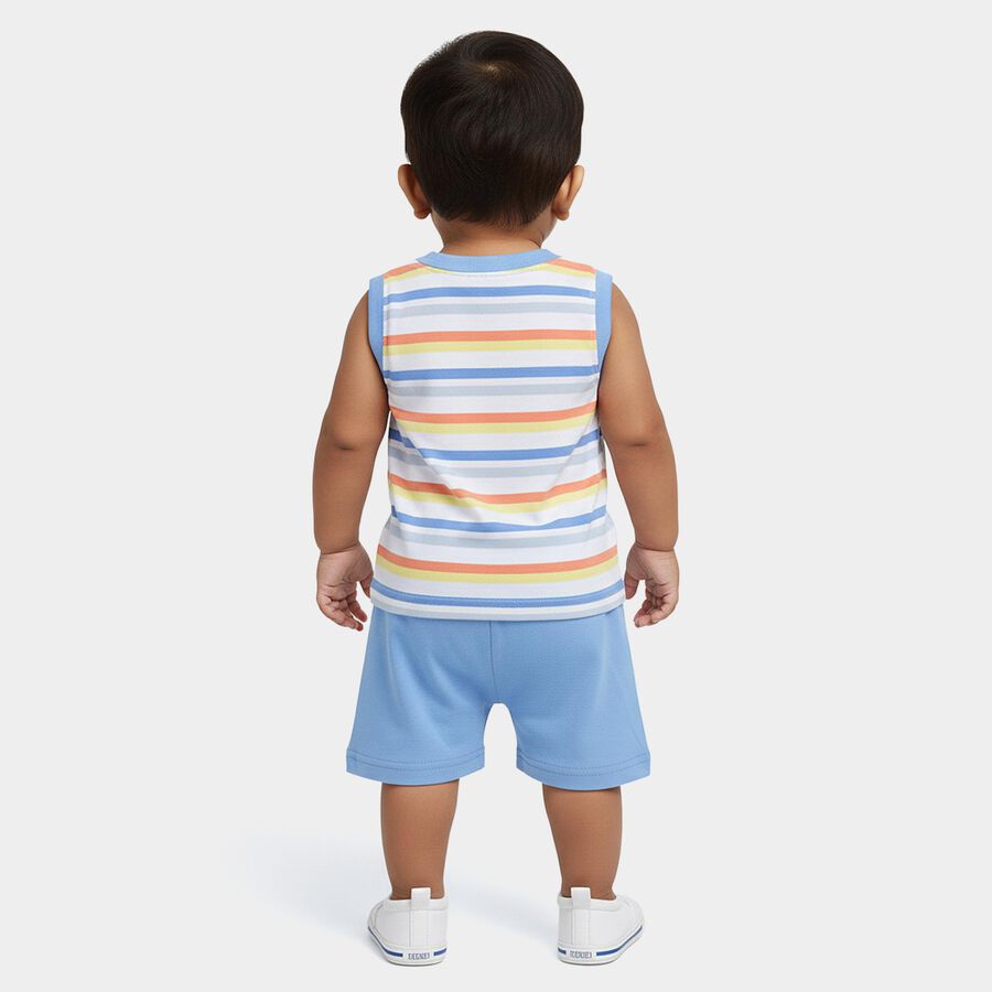 Infants' Blue 100% Cotton Round Neck Striped Baba Suit, Mid Blue, large