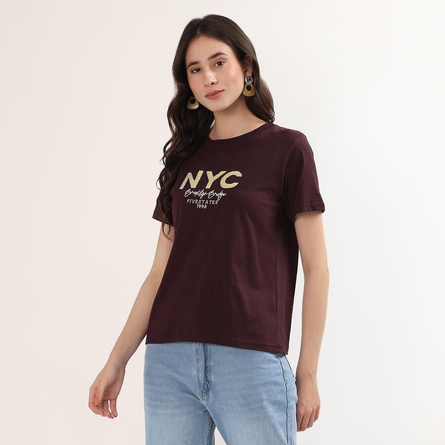Women's Maroon Cotton Round Neck Casual T-Shirt, Wine, large