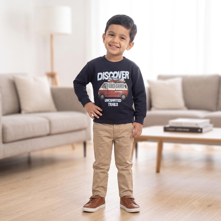 Boys' Navy Blue Crew Neck Graphic Print Sweatshirt, Navy Blue, large