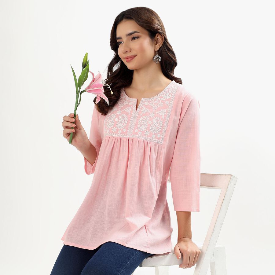 Ladies' Soft Pastel Pink Cotton Notch Neck Embroidered Kurti, गुलाबी, large image number null