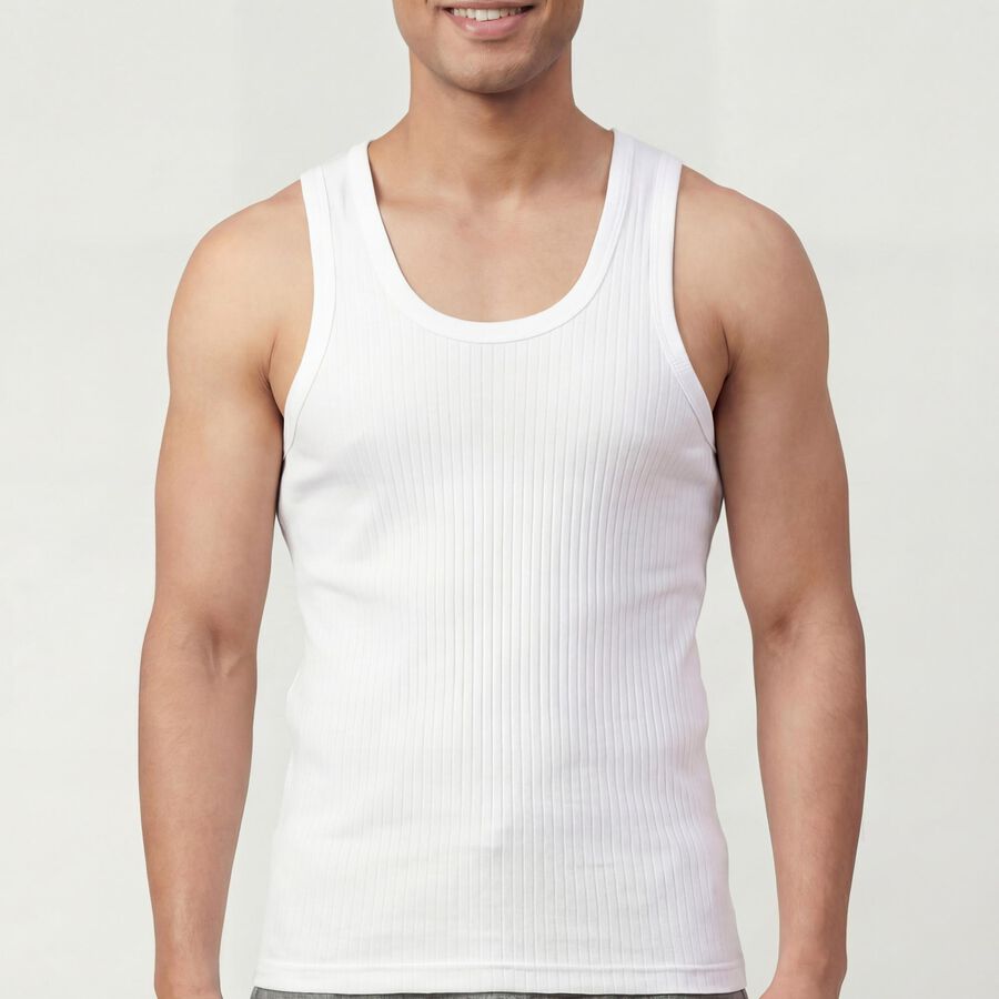 Men's White Cotton Round Neck Sleeveless Vest, White, large