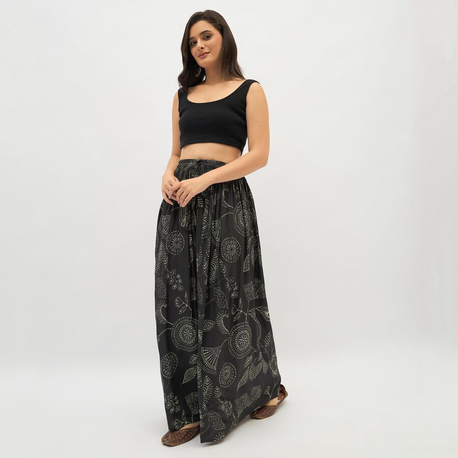 Women's Jet Black Printed Flared Ethnic Maxi Skirt, Light Grey, large image number null