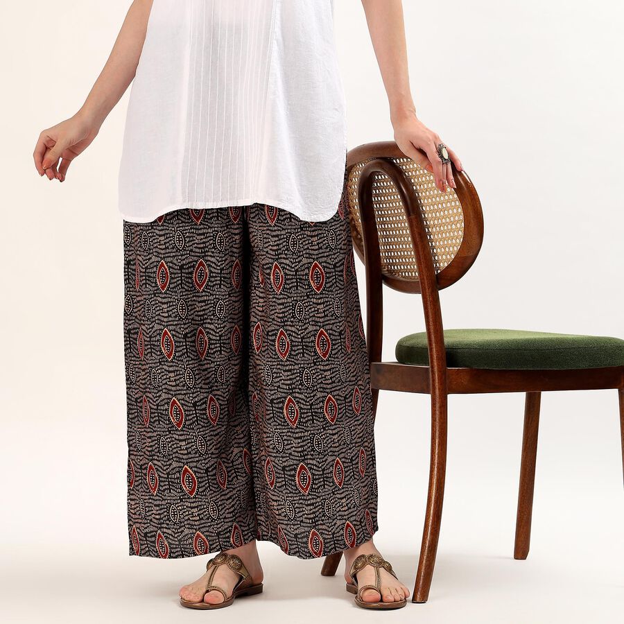 Women's Black Wide-Leg Smocked Printed Palazzos, काला, large