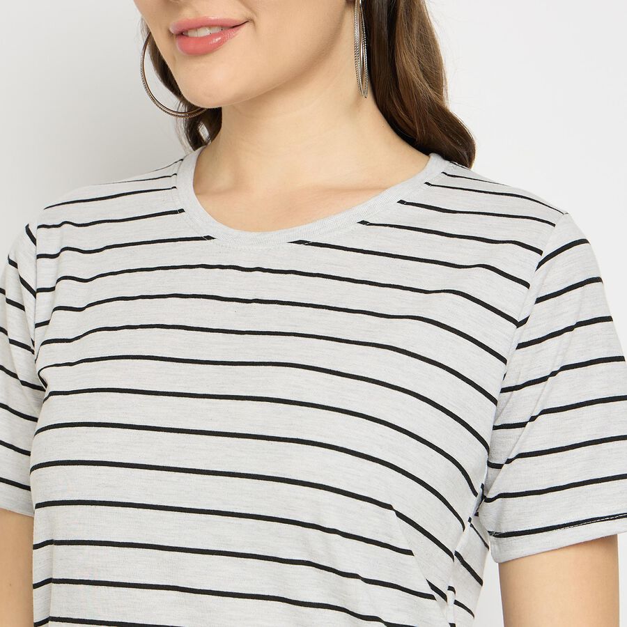 Ladies'  Stripes Round Neck T-Shirt, Melange Light Grey, large image number null