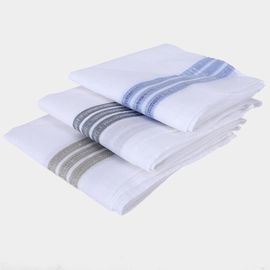 Men's White Striped Border Pack of 3 Handkerchief, White, large