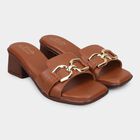 Women's Tan Slip-On Block Heel Sandals, Tan, small