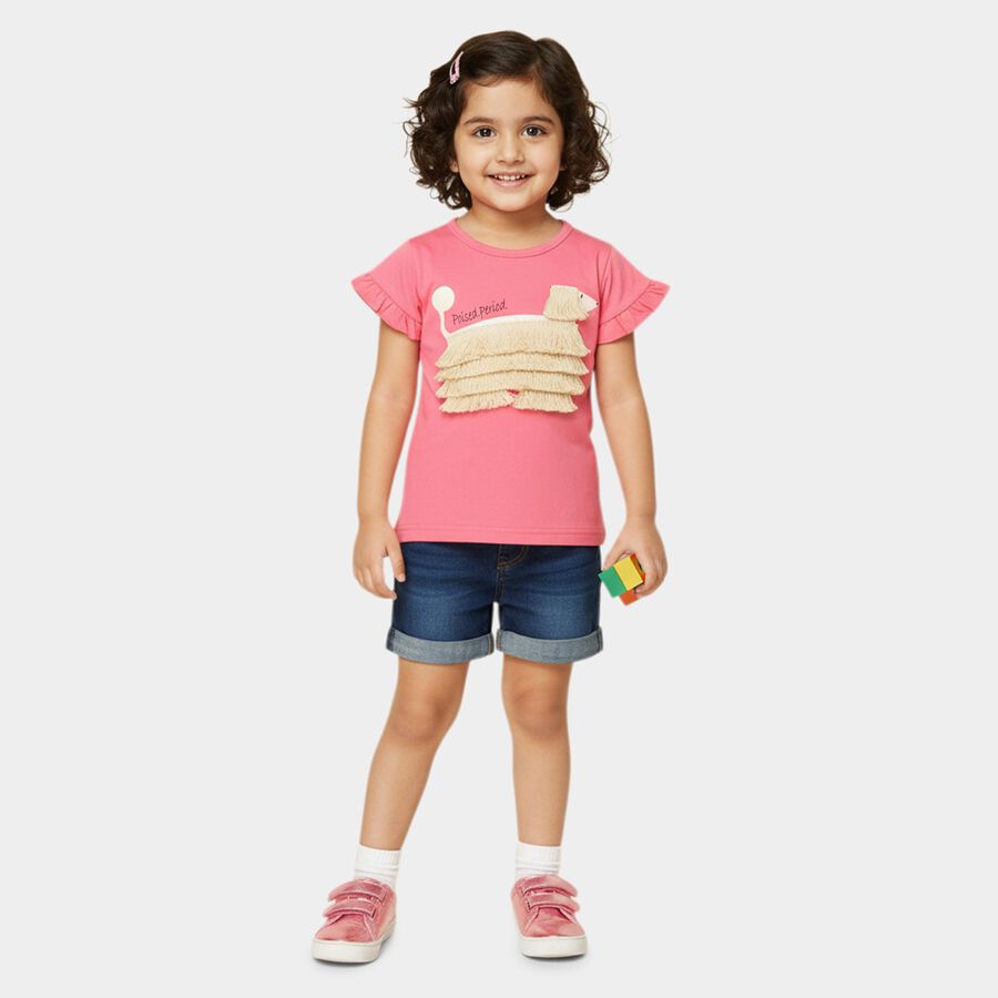 Girls' Pink Cotton Round Neck Romantic T-Shirt, Pink, large