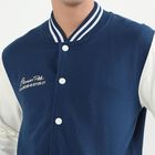 Men's Deep Midnight Navy Blue and Ivory White Striped Collar Varsity Sweatshirt, Mid Blue, small image number null