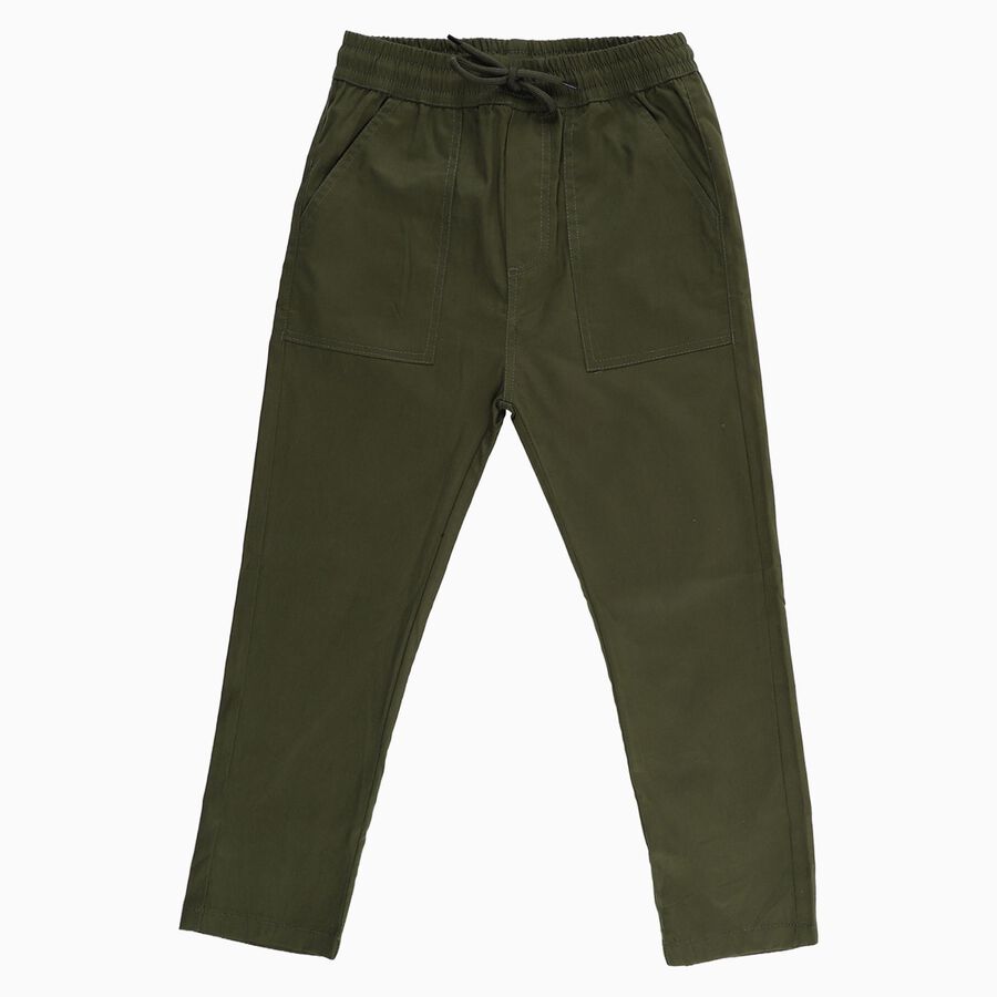 Boys' Olive Green Straight Fit Elastic Waist Trousers, ओलिव, large image number null