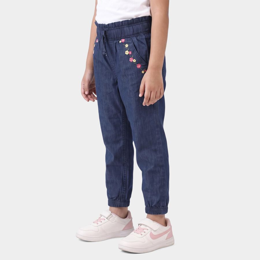 Girls Navy Blue Jogger Fit Embroidered Jeans, Dark Blue, large