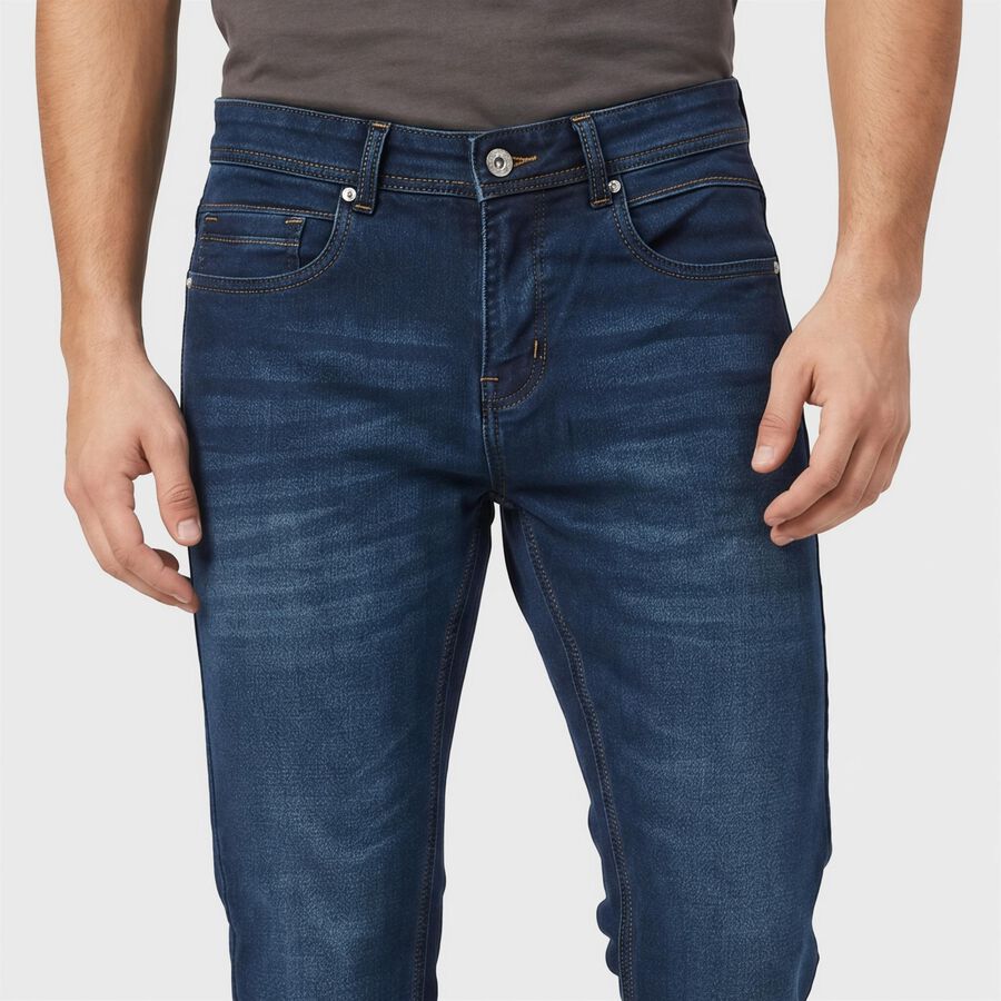 Men's Navy Blue Slim Fit Washed Jeans, Dark Blue, large