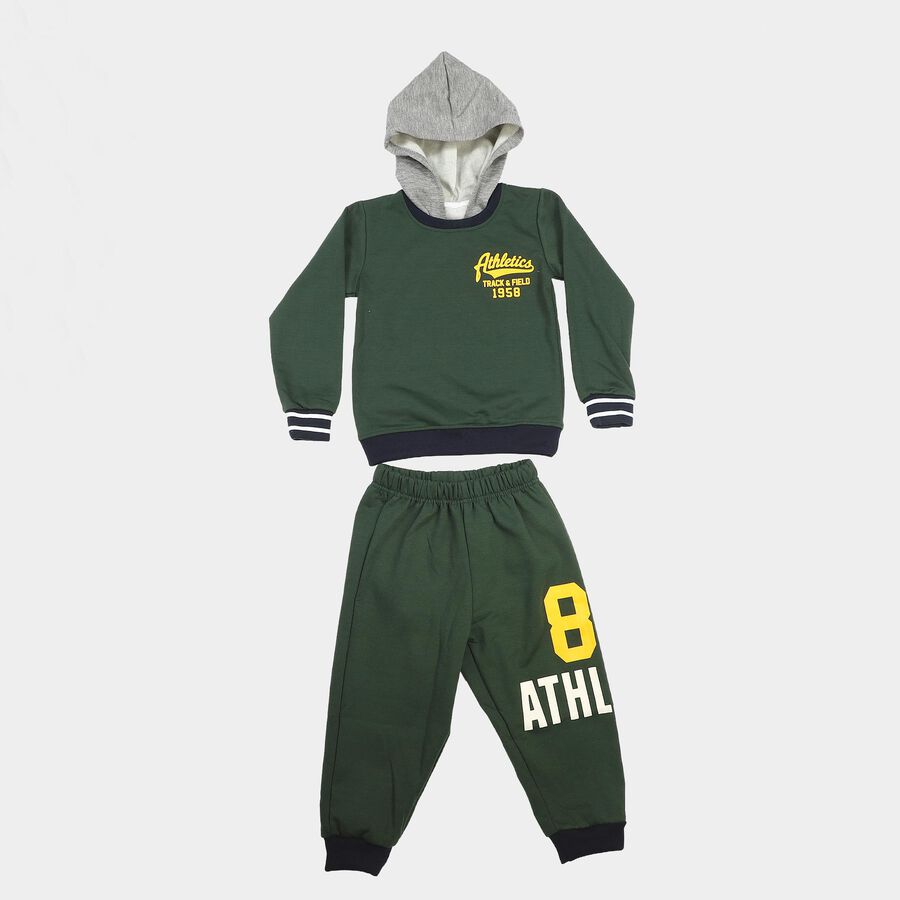 Boys Junior Green Hooded Graphic Print Baba Suit, Dark Green, large