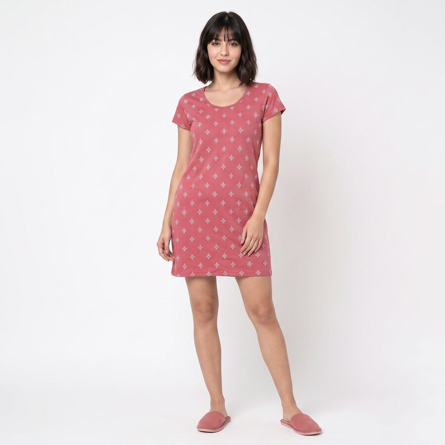 Women's Pink Round Neck T-Shirt Style Nighty, Pink, large