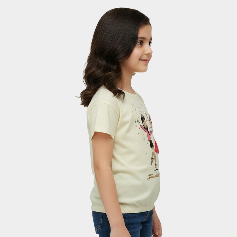 Girls Yellow Cotton Round Neck Casual T-Shirt, पीला, large