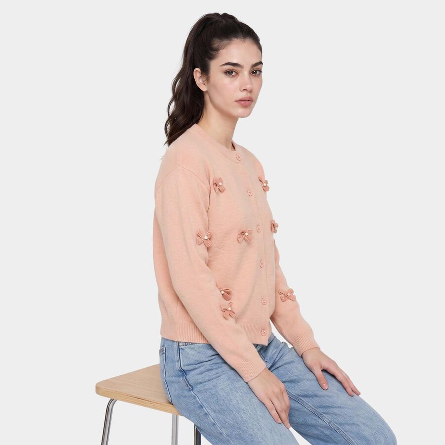 Women's Pink Round Neck Button-Front Cardigan, Pink, large