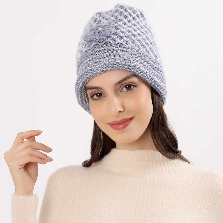 Women's Light Lavender Knitted Beanie Cap, Dark Grey, large image number null